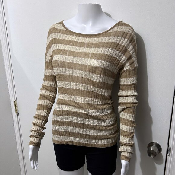 Striped Sweater, Tan and Beige with Gold Flecks Throughout, Stretchy, Size M - Picture 1 of 5